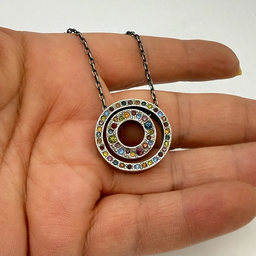 Vtg Patricia Locke Double Circle Rainbow Crystal Necklace